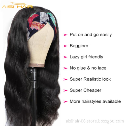 Aisi Glueless Brzilian Raw None Lace Body Wave Black Wigs Human Hair Wig Headband Women High Quality Wholesale Price Humen Hair
